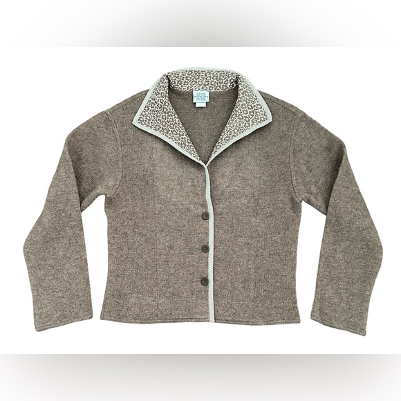 Vintage Geoffrey Beene BeeneBag Wool Silk Cardigan Brown Floral Trim USA Small - Picture 2 of 10